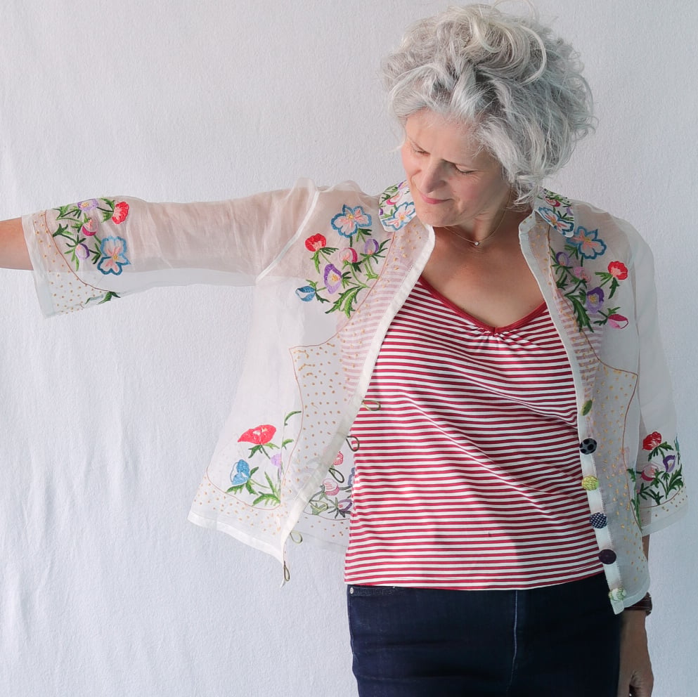Jen Hogg's vintage tablecloth top with Nuno fabric buttons